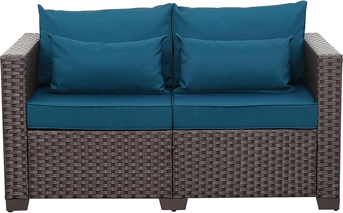 Rattaner Outdoor Furniture Loveseat Sofa Patio Furniture Small Sofa 2 Seater Couch with Anti-Slip Cushions Lumbar Pillow and Waterproof Cover, Peacock Blue