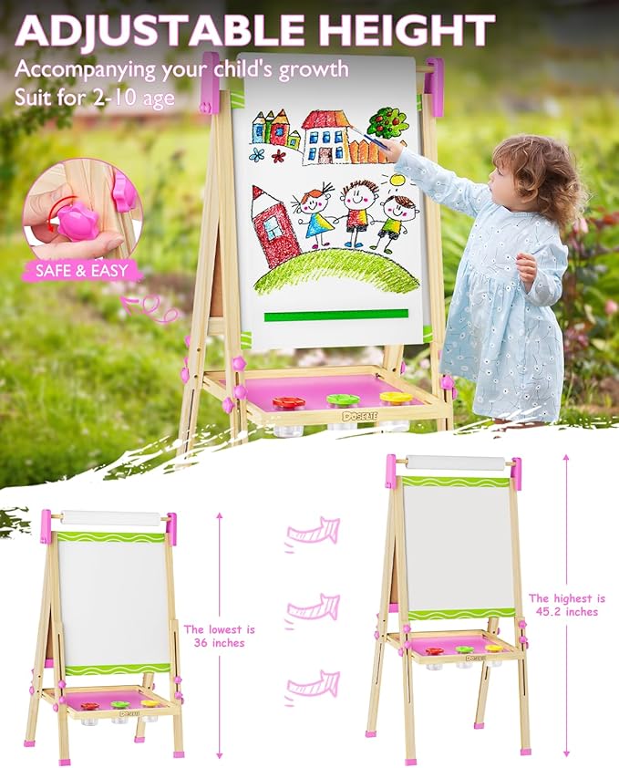 Easel for Kids,Toddler Art Easel Toys for Ages 2-4 5-7,Toys 2 3 4 5 6 7 8 9 Year Old Girl Gifts,Wooden Double-Sided Magnetic Dry Erase Whiteboard and Chalk Board with Paper Roll,Boy Girl Birthday Gift
