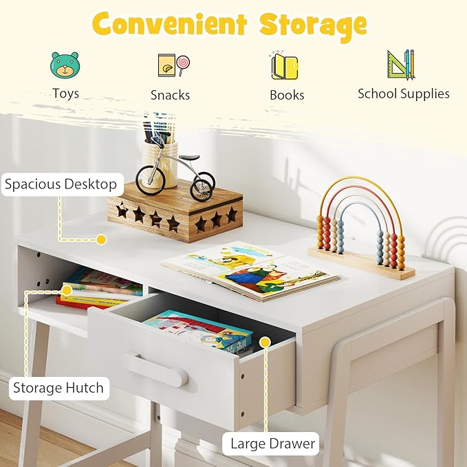 HONEY JOY Kids Desk and Chair Set, Wooden Children School Study Table and Chair w/Storage Drawer & Hutch, Student Writing Desk Computer Workstation for Bedroom, Gift for 3+ Years Old (White)