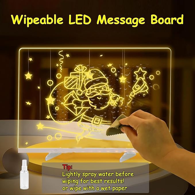 LED Note Board with Colors, 13.7"X10" 4 Modes & 7 Colors Acrylic Dry Erase Board with Light, Include Adapter, Hanging Chain, Led Drawing Board for Kids with Stand, 7 Markers, Spray Bottle ﻿