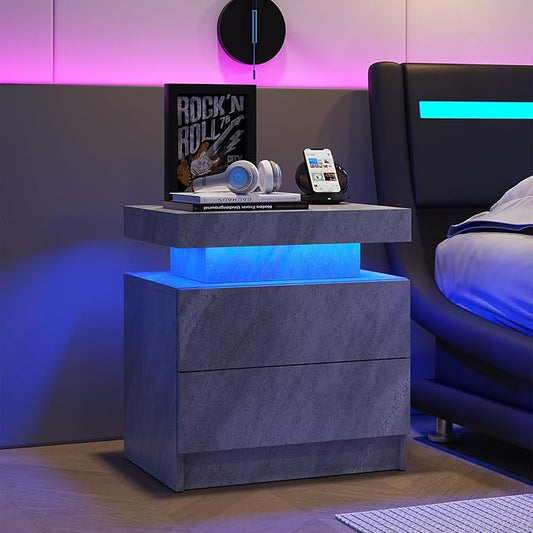 LED End Table, Modern Bedside Table with Storage, 20.5" Tall End Tables Bedroom Set of 2 with 2 Drawers, LED Furniture for Bedroom, Living Room, and Playroom, All Grey