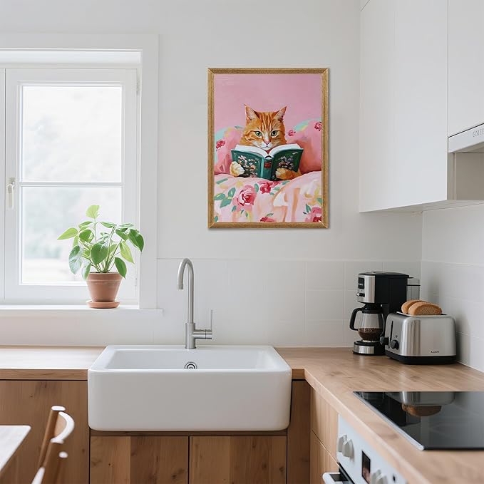 Framed Vintage Cat Canvas Wall Art, Funny Pink Animal Reading Books Painting Picture Print, Cute Kitten Lovers Aesthetic Wall Decor for Nursery Girls Room Bedroom Kids Room 16''L x 12''W