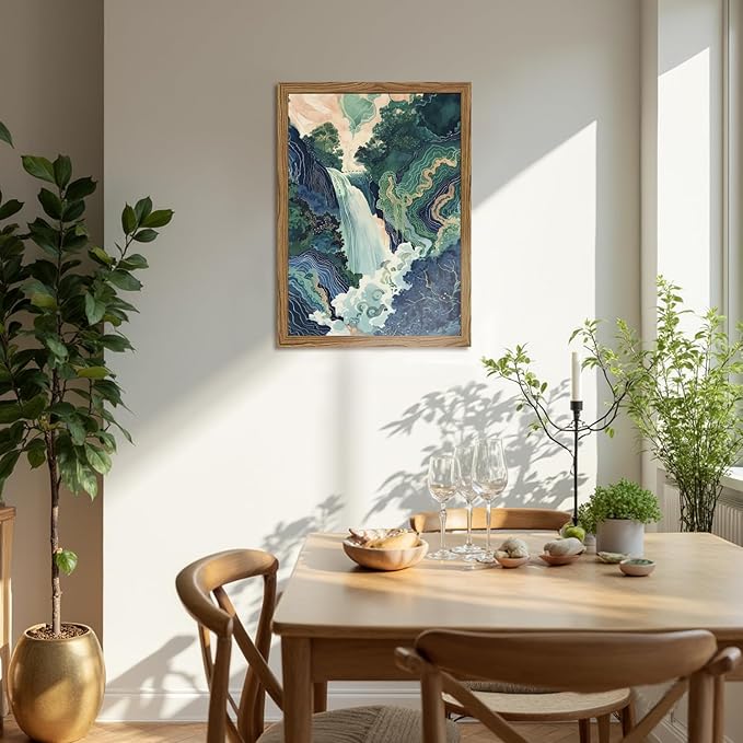 Framed Japanese Waterfall Canvas Wall Art, Abstract Landscape Wall Decor Paintings, Blue Green Nature Mountain Pictures Prints Zen Aesthetics Home Decor for Living Room Bedroom Bathroom 12x16 inch