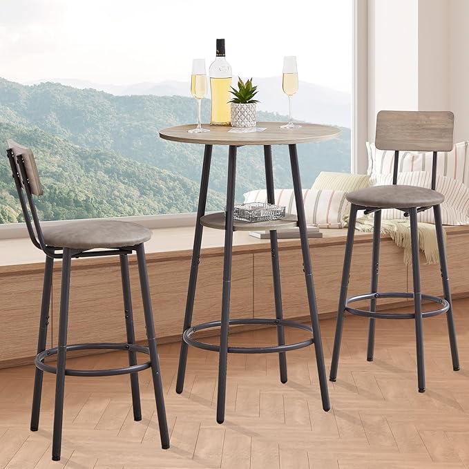 NicBex 3-Piece Bar Table and Chairs Set, Grey Pub Table and Chairs Set of 2 with Storage Shelf, Bistro Table with Stools for Small Spaces