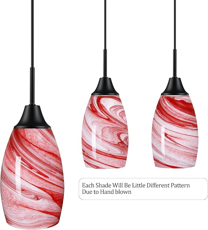 Mini Glass Pendant Light 4.72" with Handblown Burgundy Marble Art Glass Hanging Light 3-Pack Oval Ceiling Hanging Light Fixture for Dining Room Kitchen Island Cafe Foyer Hallway