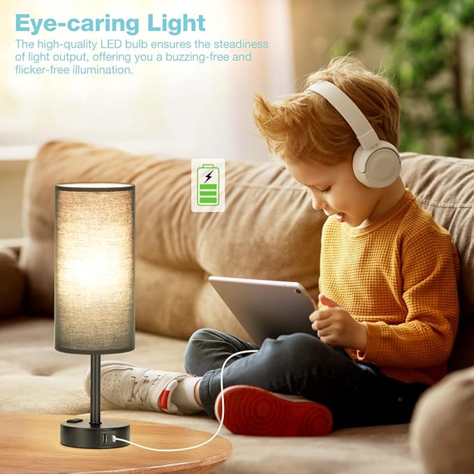 Black Bedroom Lamp for Nightstand - 3 Way Dimmable Bedside Lamp USB C A Charging Ports and AC Outlet, Small Table Lamp Black Base for Living Room, Office Desk, LED Bulb Included