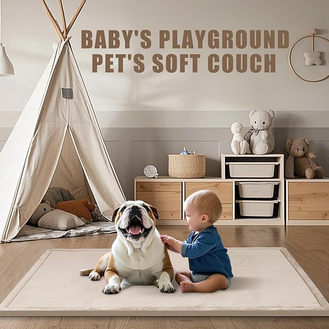 Baby Play Mat for Floor, 1.3" Thick Memory Foam Muscle Playpen Cushion, Soft Coral Velvet Tummy Time Mat with Non-Slip Backing, Water Repellent Child Nursery Rug for Toddlers, Kids (Beige, 39X59)