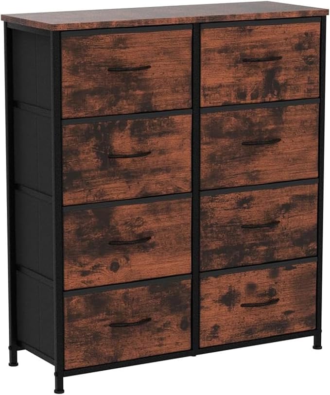 DUMOS Dresser for Bedroom with 8 Fabric Drawers, Tall Chest Organizer Units for Clothing, Closet, Kidsroom, Storage Tower with Cabinet, Metal Frame, Wooden Top, Lightweight Nursery Furniture, Brown