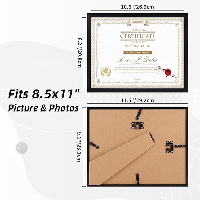 WIFTREY 8.5x11 Black Picture Frames Set of 8, Certificate 8.5 by 11 Photo Frames Bulk for Document Diploma Award, Wall Hanging or Tabletop Display