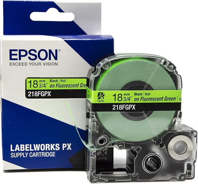 Epson LABELWORKS 218FGPX Genuine PET (Polyester) Tape Cartridge - Black on Fluorescent Green Label Maker Tape - 3/4" (18MM) Wide, 30'