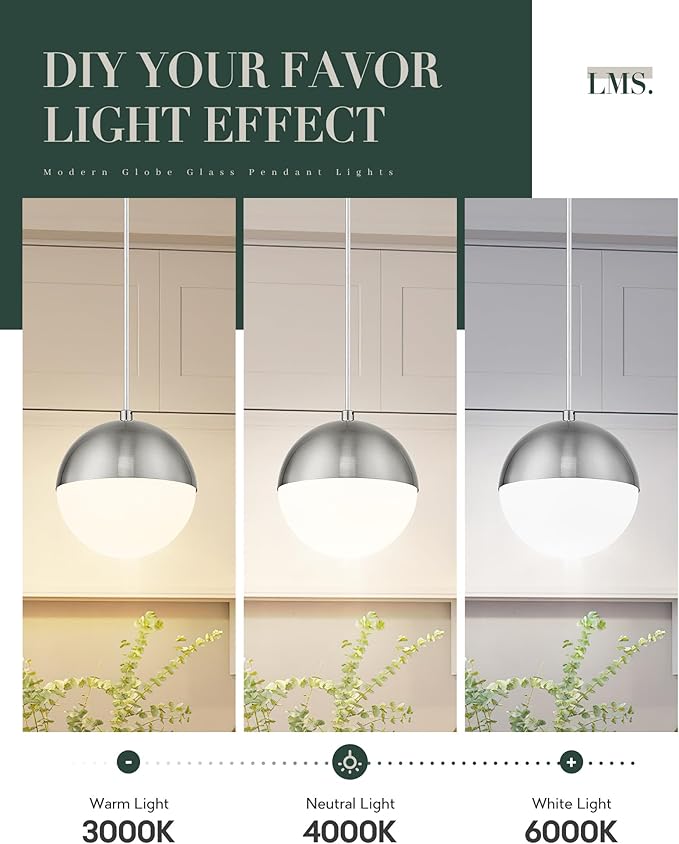 LMS 6-inch Brushed Nickel Pendant Light, Mid Century Kitchen Island Pendant Light Fixtures with White Globe Glass, Adjustable Hanging Light for Dining Room Bedroom Bathroom, LMS-186BNS