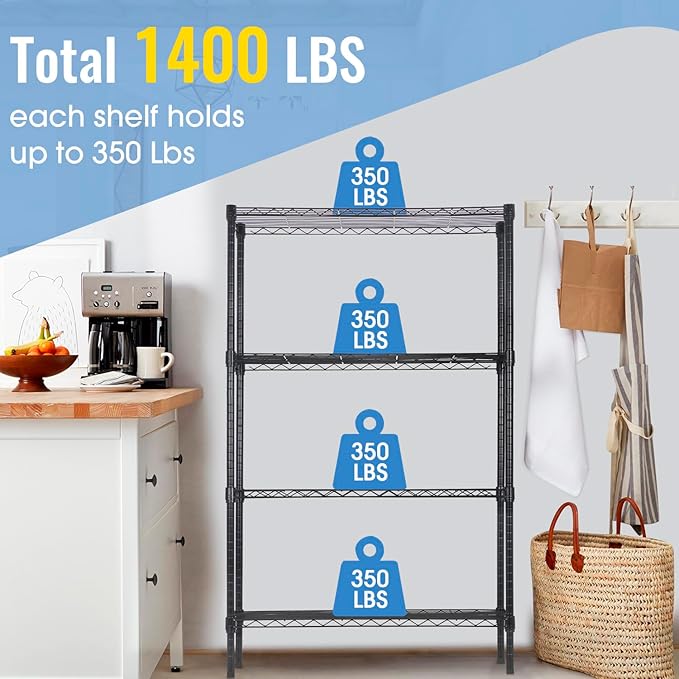 PayLessHere 4-Tier Adjustable Shelf Shelving Unit Shelves Shelf Heavy Duty Storage Steel Organizer Wire Rack (1400 lbs Loading Capacity) with Wheels Multi-Function Easy Assembly,Black