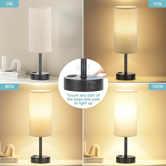 Beige Touch Table Lamp for Bedroom - 3 Way Dimmable Bedside Lamp USB C Charging Ports and AC Outlet, Small Lamp with Fabric Shade Black Base for Living Room, Office Desk, LED Bulb Included