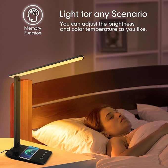 karidi LED Desk Lamp with Wireless Charger, Dimmable Table Lamp Reading Lamp with USB Charging Port, 5 Lighting Modes, Sensitive Control, Foldable Portable Desk Light for Home Office Bedroom Reading