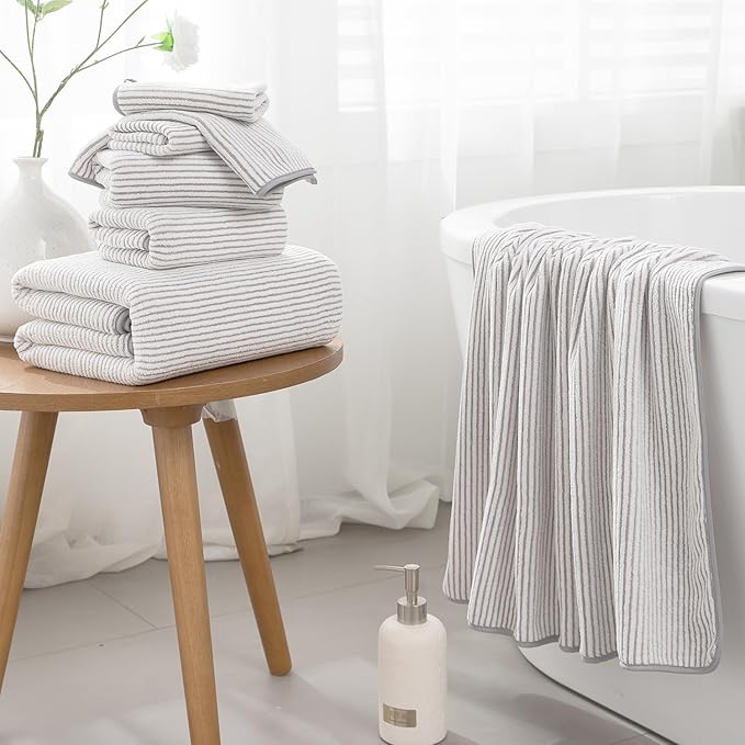 8-Piece Premium Towel Set for Bathroom|2 Oversized Large Bath Sheet,2 Hand Towels,4 Washcloths|Soft Cozy Highly Absorbent Fast Dry Microfiber Shower Towel Set for Hotel Bathroom Essentials,Beige White