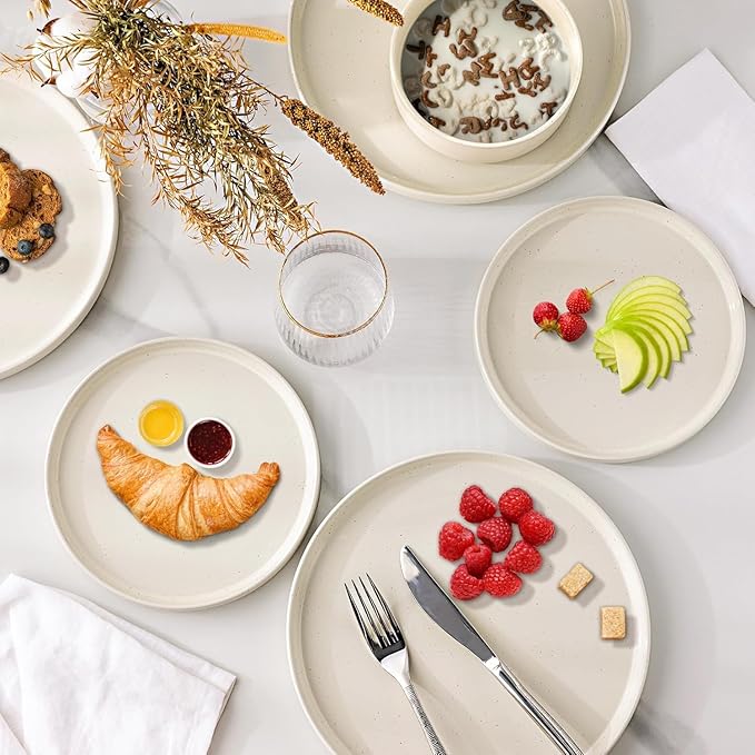 GBHOME Dinnerware Set for 8, 24 Piece Speckled Plates and Bowls Set with Glazed Bottom, Chip and Scratch Resistant Stoneware Plates Sets, Dishwasher & Microwave Safe Dishes, Light Beige