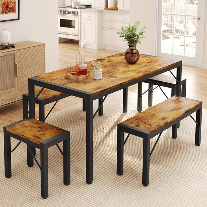 Gizoon 63" Dining Room Table Set for 6, Kitchen Table with 2 Benches and 2 Stools, Dining Table Set with Metal Frame, Space-Saving Kitchen Table Set for Apartment, Retro