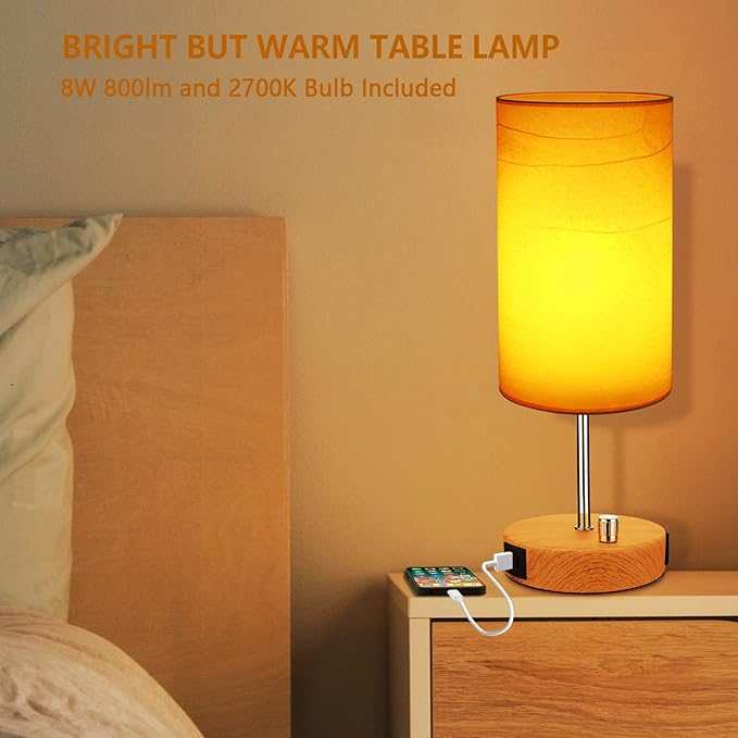 HiBay 17.75"H Dimmable LED Bedside Table Lamp with USB Charging Ports & AC Outlet, Modern Wood-Grain Nightstand Light for Bedroom, Office, Living Room, Kids Room, Round Fabric Shade, E26 Bulb Included