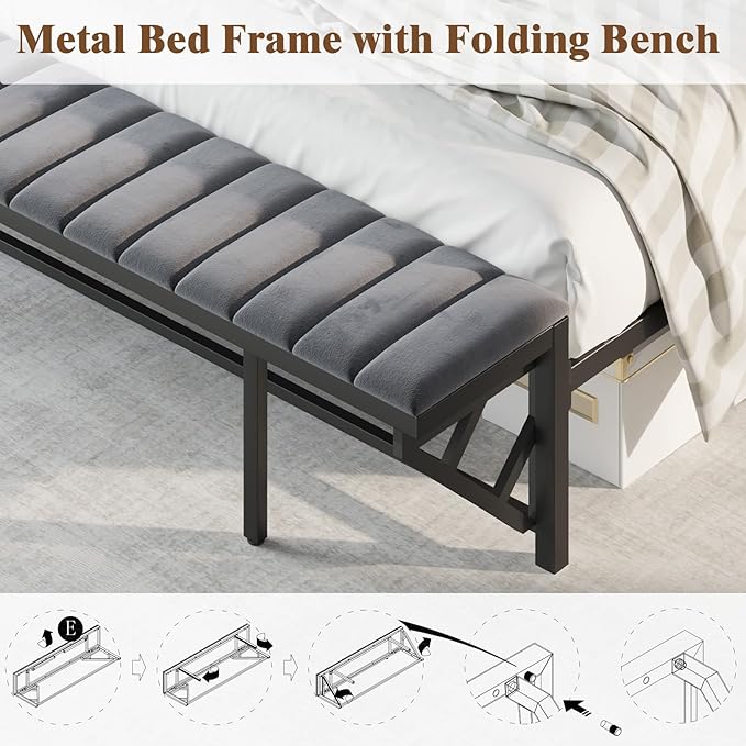 Queen Bed Frame with LED Light and Charging Station, Velvet Upholstered Headboard with Storage Shelf, Heavy Duty Metal Slats/No Box Spring Needed/Easy Assembly, Grey
