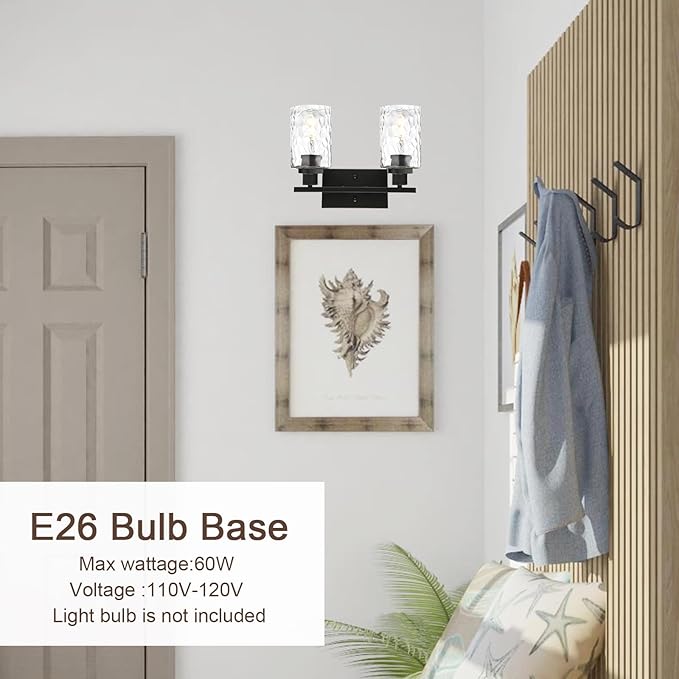 MELUCEE Indoor Wall Sconce Lighting 2-Light Matte Black with Clear Hammered Glass, Modern Bathroom Vanity Light Fixtures Wall Lamp for Mirror Cabinets Powder Room (Patent No.: US D963914 S)