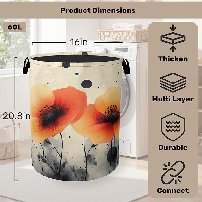 Orange Flowers Painting Laundry Basket - Heavy Duty 60L Dirty Clothes Organizer, Water Resistant Foldable Hamper for Men Women