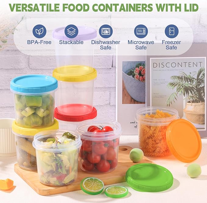 16 oz Plastic Deli Containers with Lids, 12 Pack Stackable Small Freezer Container, Reusable 2 Cup Food Storage Containers with Pen and Brush, Microwave & Dishwasher Safe, BPA Free