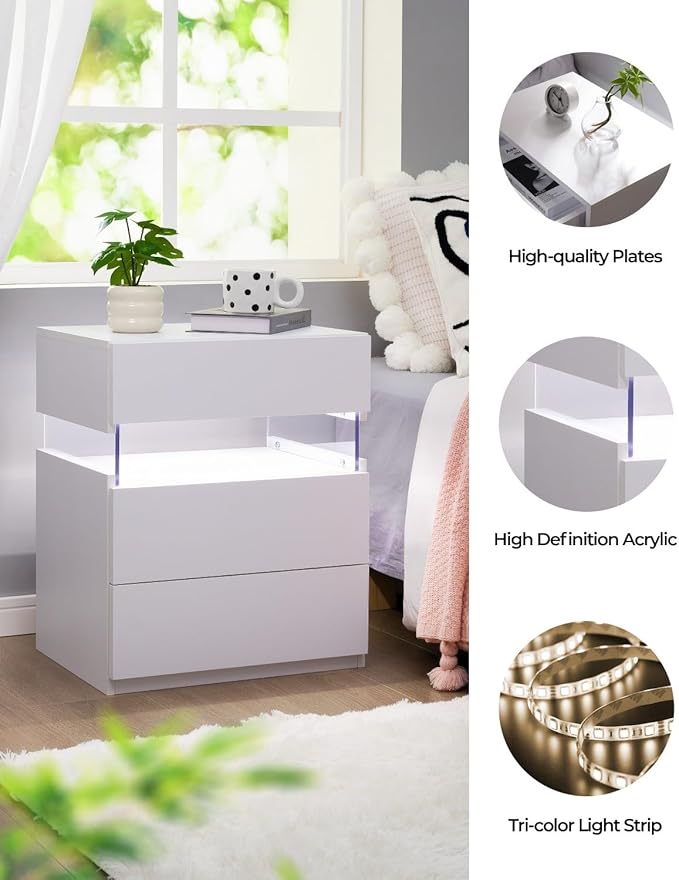 Bingoday White Nightstands Set of 2 LED Nightstand White with Gun Drawers Set of 2 Bedside Tables White LED Lights for Bedroom White