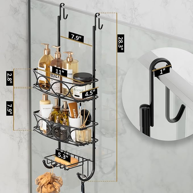 LEVERLOC Over The Door Shower Caddy, Shower Hanging Organizer Sturdy Rust Proof Bathroom Shelves with Strong Suction Cup and Reliable Hooks, Bath Basket Storage Rack, Metal Black