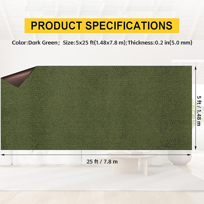 Marine Carpet,5 FT x 25 FT Olive Green Indoor Outdoor Carpet 0.2" Thick with Water-Proof TPE Backing, Non-Slide for Home, Patio, Porch, Deck