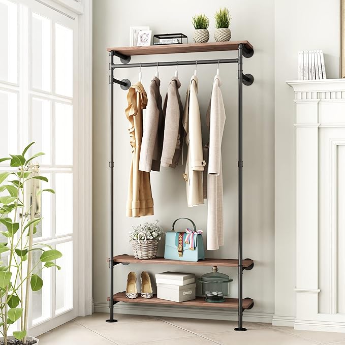 Industrial Pipe Clothing Racks with Shelves, Wall Mounted Clothes Rack for Hanging Rods, Heavy Duty Black Clothing Racks With Three Shelves Retail Display Garment Rack for Home