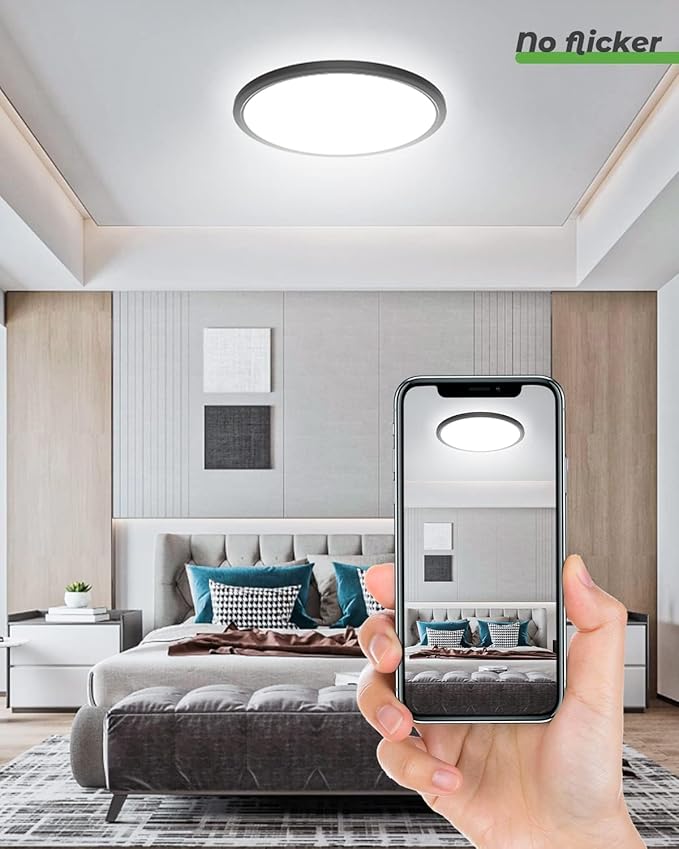 zemty Black LED Flush Mount Ceiling Light - 12 Inch 28W 3200lm LED Light Fixture, 3000k/4500k/6000K Selectable Round Flat Light Fixtures for Bedroom, Kitchen, Hallway