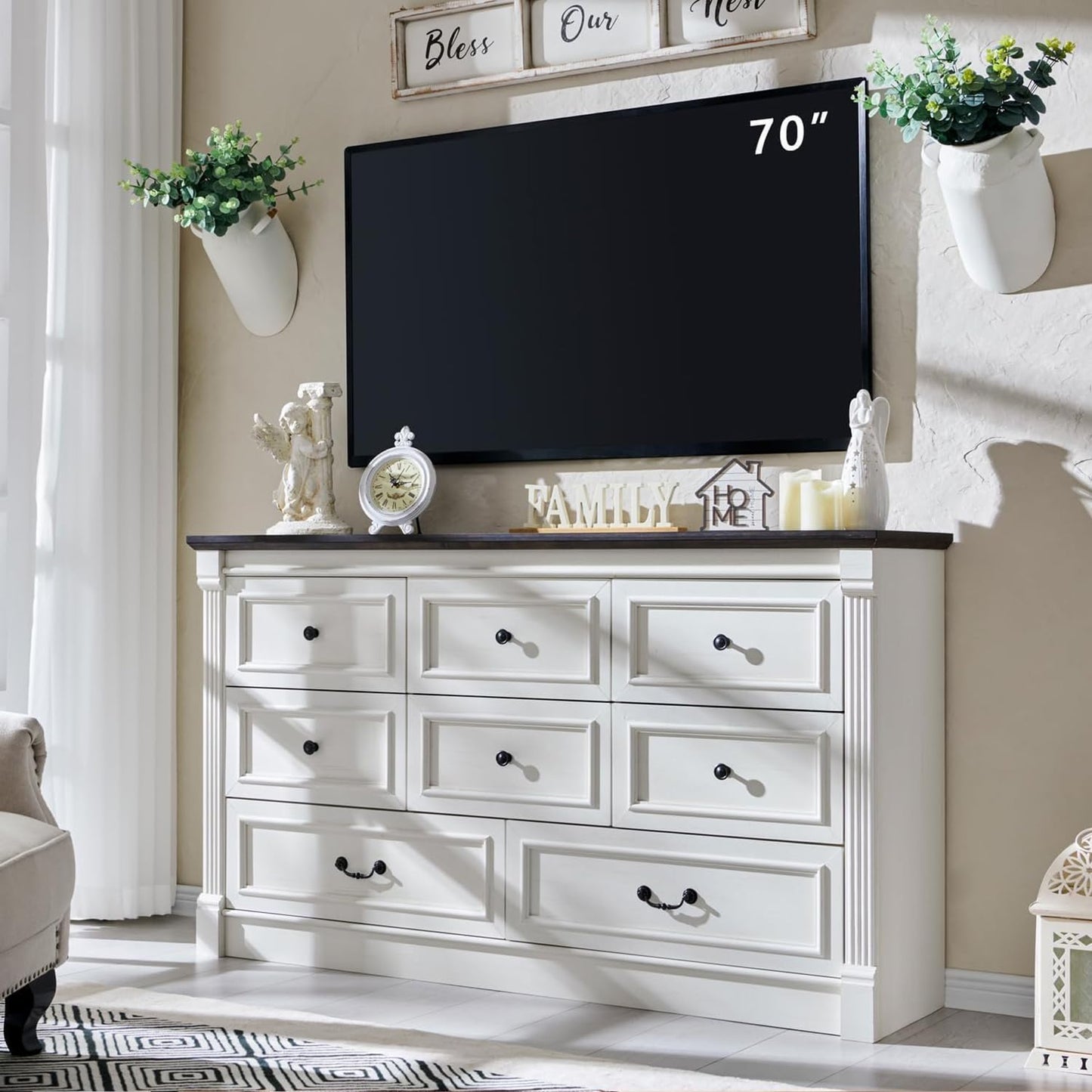 Aitjunz Farmhouse 8 Drawers Dresser for Bedroom, 61" Wide Large Dressers & Chests of Drawers w/Roman Column, Storage Dressers Organizer for Bedroom, Hallway, Living Room, White