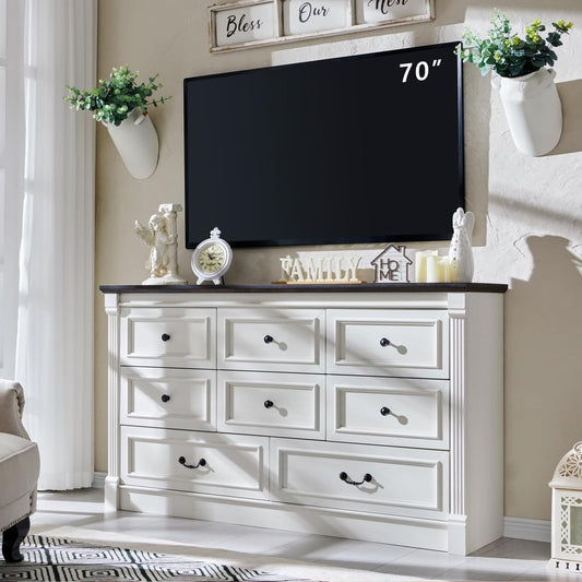 Aitjunz Farmhouse 8 Drawers Dresser for Bedroom, 61" Wide Large Dressers & Chests of Drawers w/Roman Column, Storage Dressers Organizer for Bedroom, Hallway, Living Room, White