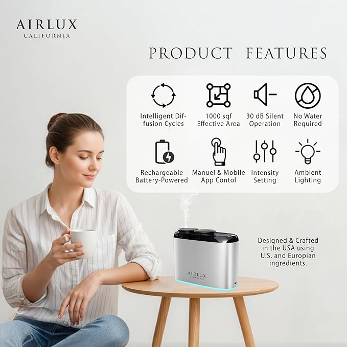 Mars 100 Scent Diffuser, Elixair 3X Cold Air Essential Oil Diffuser for 1000 sq ft Home, Commercial Spaces, Office, Bathroom, Living Room Decor, Dual 50ml Tanks, Battery Powered (Silver)