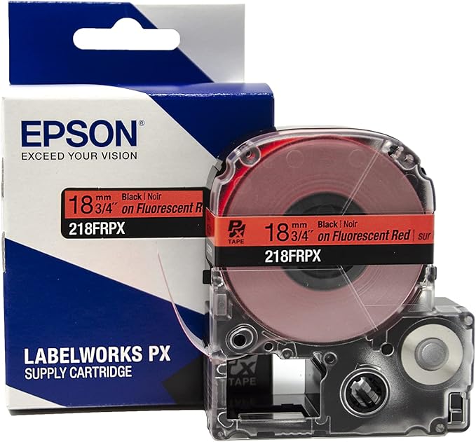 Epson LABELWORKS 218FRPX Genuine PET (Polyester) Tape Cartridge - Black on Fluorescent Red Label Maker Tape - 3/4" (18MM) Wide, 30'