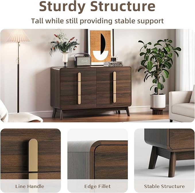 Dresser for Bedroom with 6 Drawers,Mid Century Modern Dresser with Storage,47" Wide Chest of Drawers with Metal Handles,Large Wood Drawer Organizer for Bedroom,Living Room,Hallway,Walnut