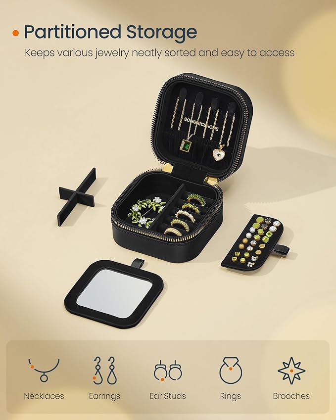 SONGMICS HOME Travel Jewelry Case, Small Jewelry Box Organizer with Mirror, 4.1 x 4.1 x 2.4 Inches, PU Surface with Stitching, Portable, Ink Black, ANAH Collection UJBC179B01