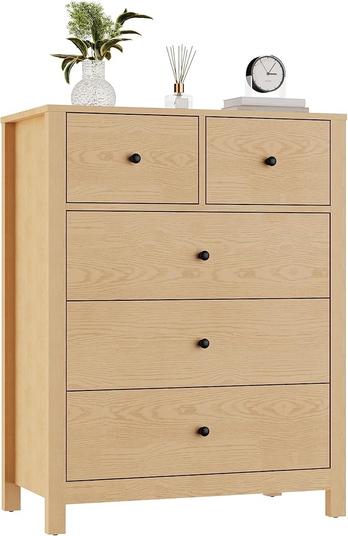 GarveeHome Natural Oak 5 Drawer Dresser for Bedroom, Modern Tall Dresser Organizer with Storage Drawers, Wooden Chests of Drawers for Bedroom, Entryway, Hallway, Home Office