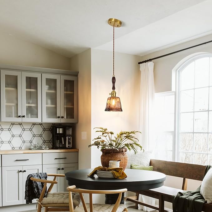 Brown Glass Vintage Pendant Light 4.33" Handmade Glass Pendant Lights Kitchen Island Gold Hanging Light Fixture for Bedroom Dining Room Hotel (3 Pack)