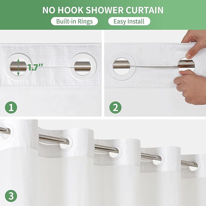Stall No Hook Shower Curtain with Snap-in Fabric Liner Set,Waffle Weave Shower Curtains for Bathroom,Hotel Luxury Decor Bathroom Curtain Set,Waterproof & Washable,White,54Wx80H