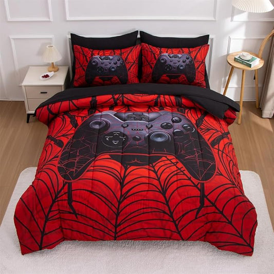 NTBED Game Console Comforter Set for Boys Girls Kids Spider Web GamingLightweight Microfiber Gamer Bedding Sets (Red, Full 5Pcs)