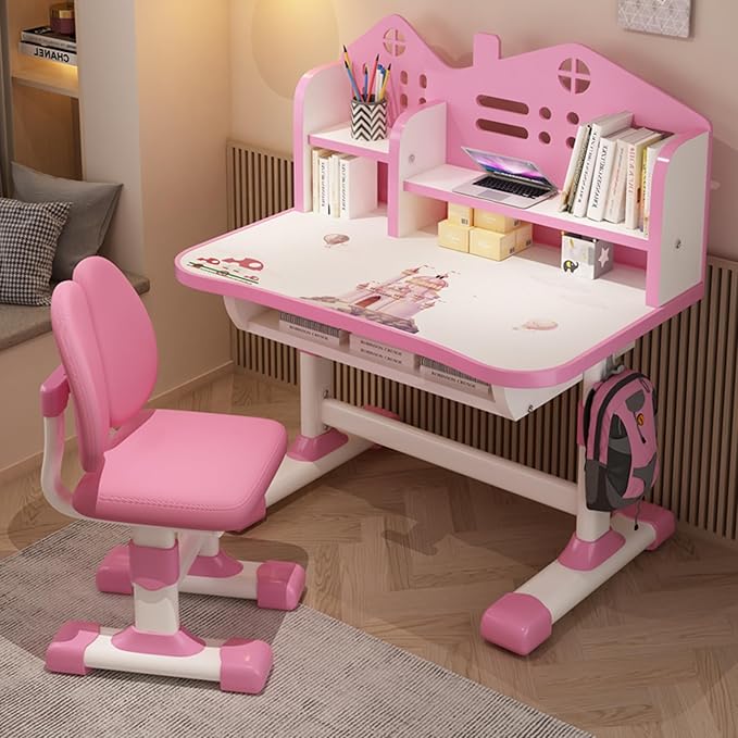 Kids Desk and Chair Set, Height Adjustable Kids Study Table and Chair Set, Children School Desk with Storage Drawer and Book Stand, Ergonomic Child Toddler Deskwith Sitting Posture Corrector (Pink 2)