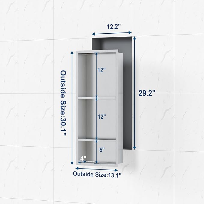 Stainless Steel Shower Niche 12" X 29", No Tile Needed Wall Niche Three-Tier, Recessed Shower Shelf for Bathroom Storage, Brushed Nickel