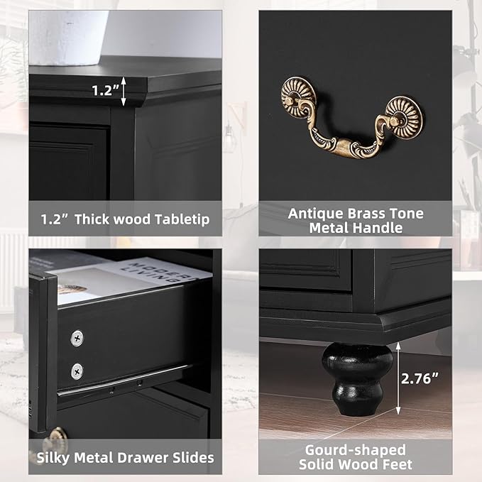 Farmhouse 7 Drawers Dresser for Bedroom, Black 54 Inch Wide Chest of Drawers w/ 4 Wooden Legs, Large Vintage Rustic Closet Dressers for Living Room, Wood TV Stand with Storage Organizer