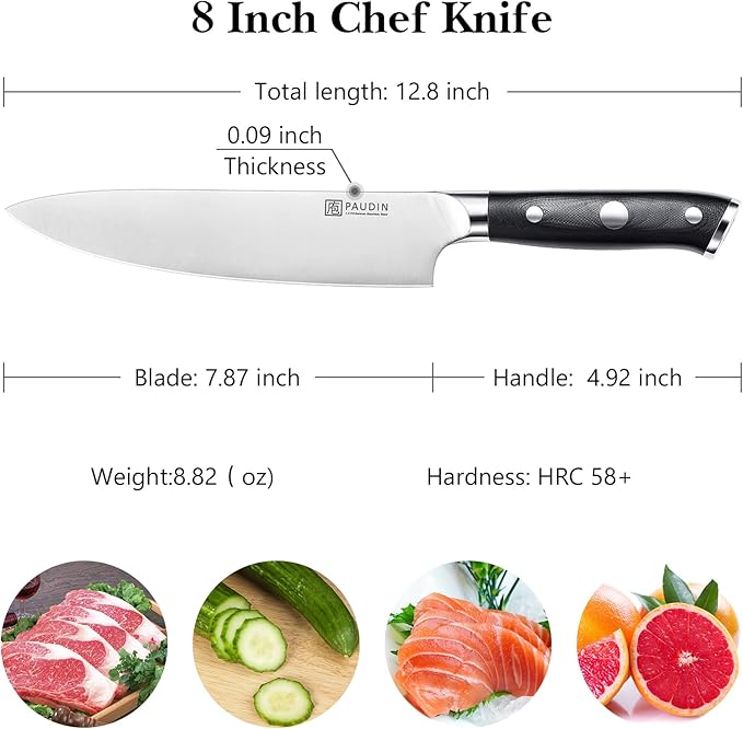 PAUDIN Chef Knife 8 Inch, Professional Kitchen Knife, 7Cr17MoV German Stainless Steel Forged Chefs Knife with Ergonomic G10 Handle, Classic Chef's Knife Meat Knife with Gift Box