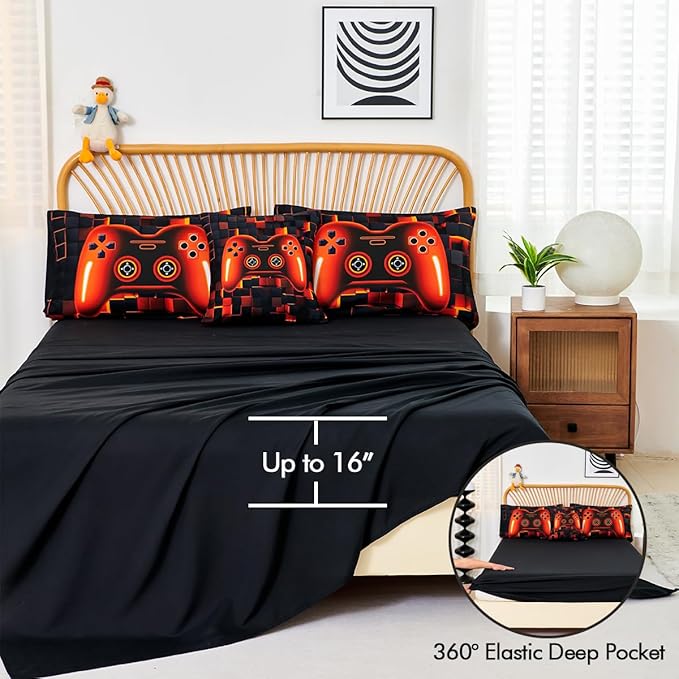 PERFEMET 6 Piece Orange Gaming Bedding Set Twin Size Game Console Boys Comforter Set with Sheets 3D Cool Soft Fluffy Video Gamer Bed in A Bag for Kids Teens(Orange, Twin)