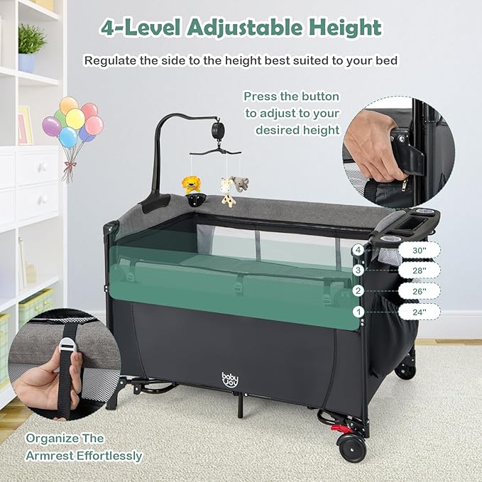 BABY JOY 5-in-1 Pack and Play, Baby Bedside Sleeper with Bassinet, Multifunction Bedside Crib from Newborn to Toddlers, U-Shaped Diaper Changer, Playard, Safety Strap, Music Box & Hanging Toys