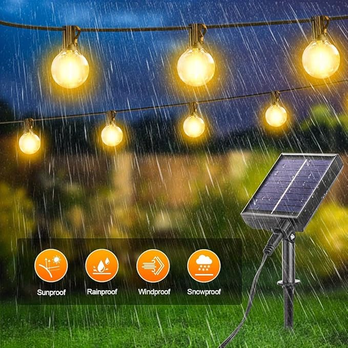 G40 Solar String Lights Outdoor with Remote 100 FT, USB & Solar Dual Charging, Waterproof, 8 Modes 3 Timers, 34+3 LED Shatterproof Bulbs, Dimmable Solar Light for Camping Backyard Bistro Porch Garden