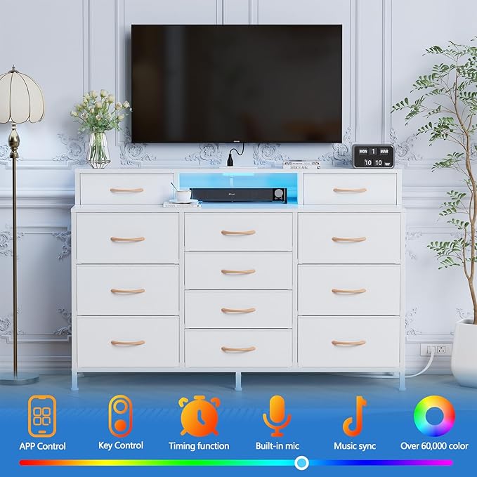 Furnulem White Dresser for Bedroom with LED Lights & Charging Station,55" Long Dressers & Chest of Drawers with 12 Storage Bins, Fabric Furniture for Closet,Hallway,2-Tier Shelf Wood Top,Metal Frame