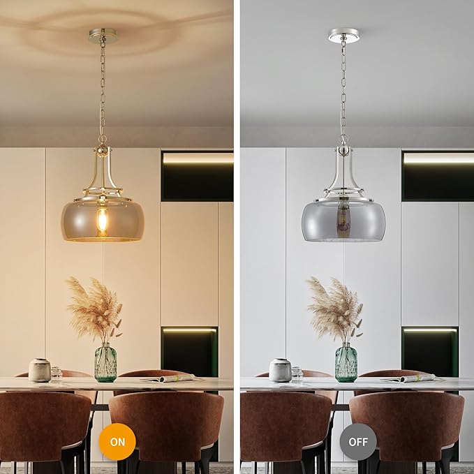WUZUPS Nickel Chandelier Rustic Farmhouse Industrial Round Ceiling Pendant LED Light Fixture with Electroplated Gray Glass Shade for Dining Room Kitchen Island Foyer Entryway, H 17" W 13.4", E26 Base